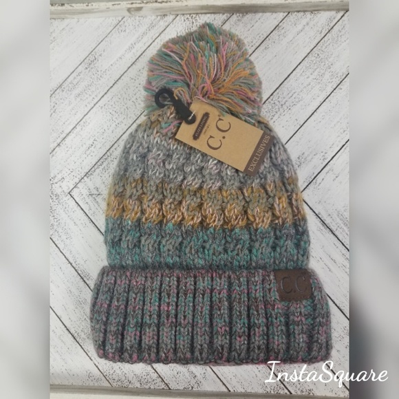 C.C Accessories - C.C Cuffed Beanie with Pom Multi Colored Rose Mint